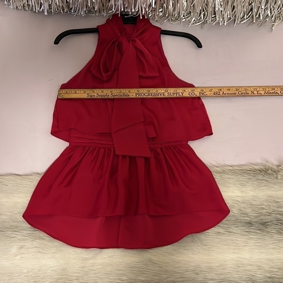 BCBGMAXAZRIA Red Celline XXS Sleeveless Pussycat Bow High Waist Peplum Blouse - Picture 10 of 14